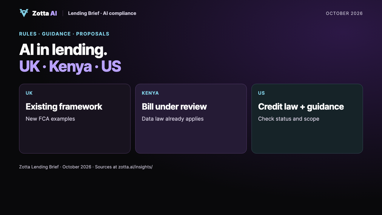 Zotta AI lending compliance comparison: UK, Kenya and US. Rules, guidance and proposals.