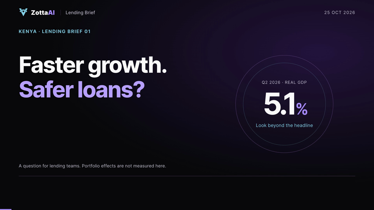 Zotta Lending Brief 01 title card: Faster growth. Safer loans? Kenya Q2 2026 real GDP growth of 5.1%