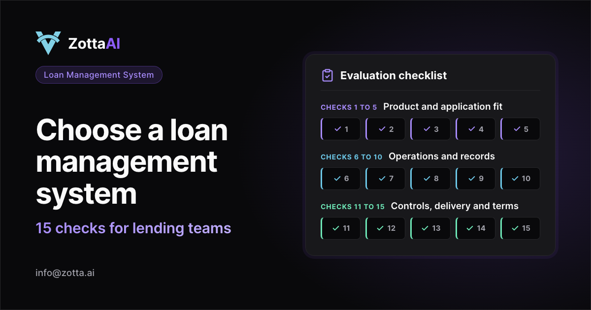 Evaluation checklist: 15 checks for choosing a loan management system, in three groups of five